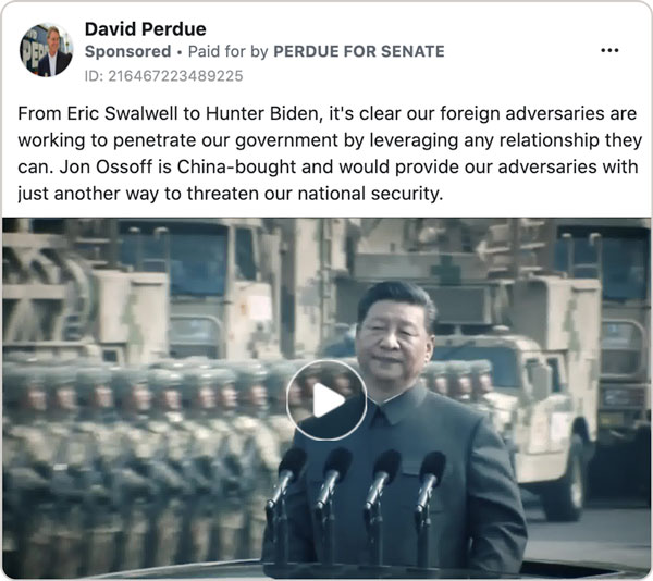 A screenshot of a Facebook ad placed by David Perdue attacking Jon Ossoff by accusing him of being china-bought