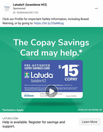 A screenshot of a Facebook ad for "Latuda". The ad reads "The copay savings card may help"