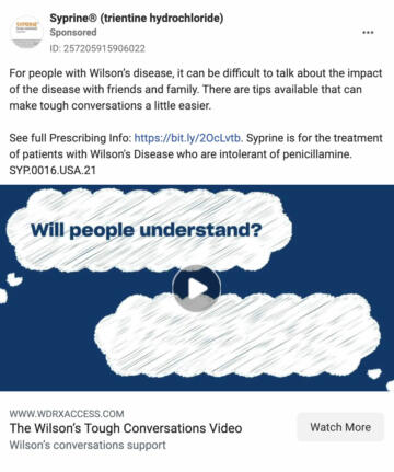 A screenshot of a Facebook ad for "Syprine". The ad reads "For people with Wilson's disease, it can be difficult to talk about the impact of the disease with friends and family"