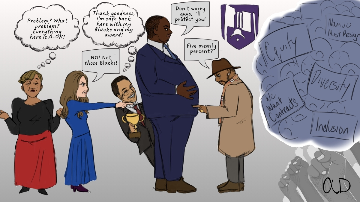 Image depicting a group of college administrators hiding from the issue. | Artwork by Angelina Darden